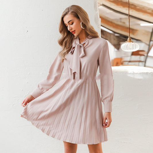Buttoned Bow Tie Pleated Dress with Ascot