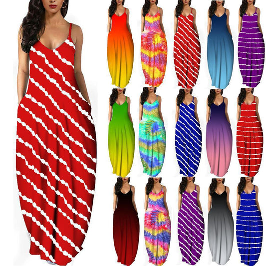 V-Neck Strap Tie-Dye Gradient Print Pocket Dress