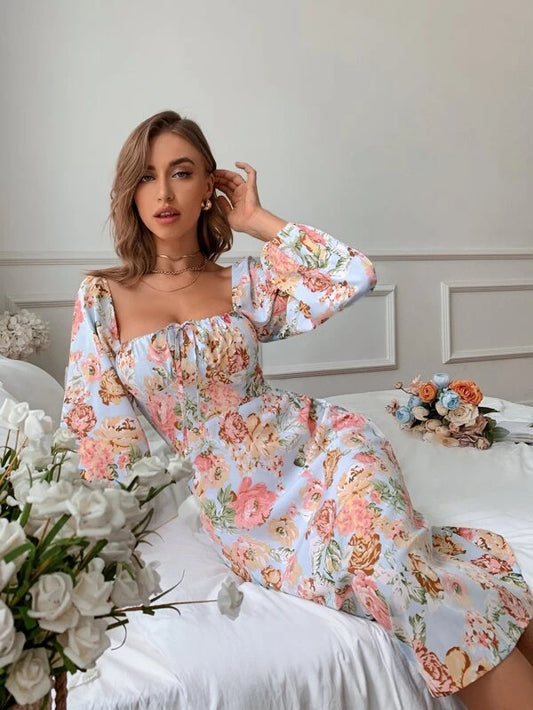 Women's Spring And Summer Square Neck Tie Floral Long Sleeve Dress